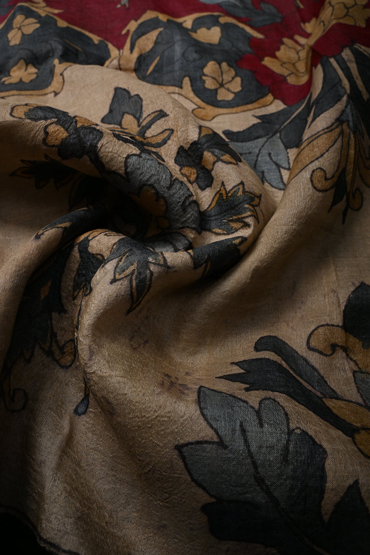 Floral Theme : Authentic Pen Kalamkari Handpainted on Pure Tussar Silk Saree with Borders | SILK MARK CERTIFIED | SHOBITAM