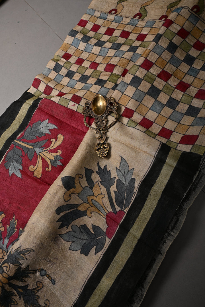 Floral Theme : Authentic Pen Kalamkari Handpainted on Pure Tussar Silk Saree with Borders | SILK MARK CERTIFIED | SHOBITAM