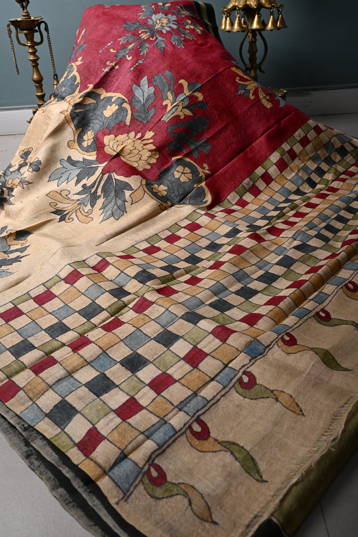 Floral Theme : Authentic Pen Kalamkari Handpainted on Pure Tussar Silk Saree with Borders | SILK MARK CERTIFIED | SHOBITAM