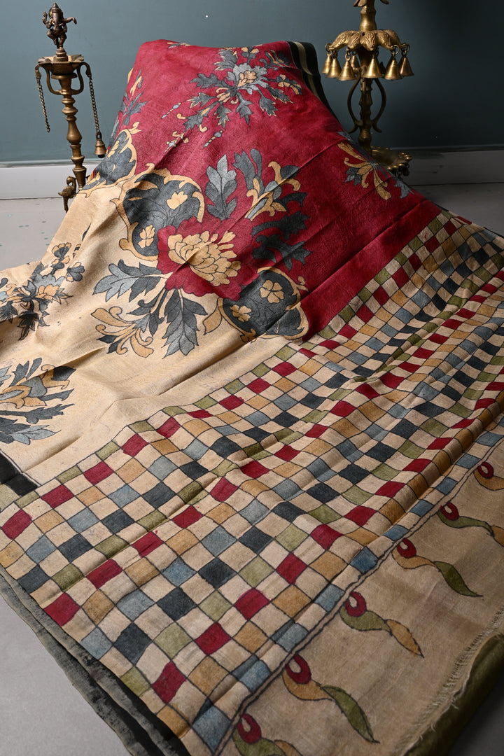 Floral Theme : Authentic Pen Kalamkari Handpainted on Pure Tussar Silk Saree with Borders | SILK MARK CERTIFIED | SHOBITAM