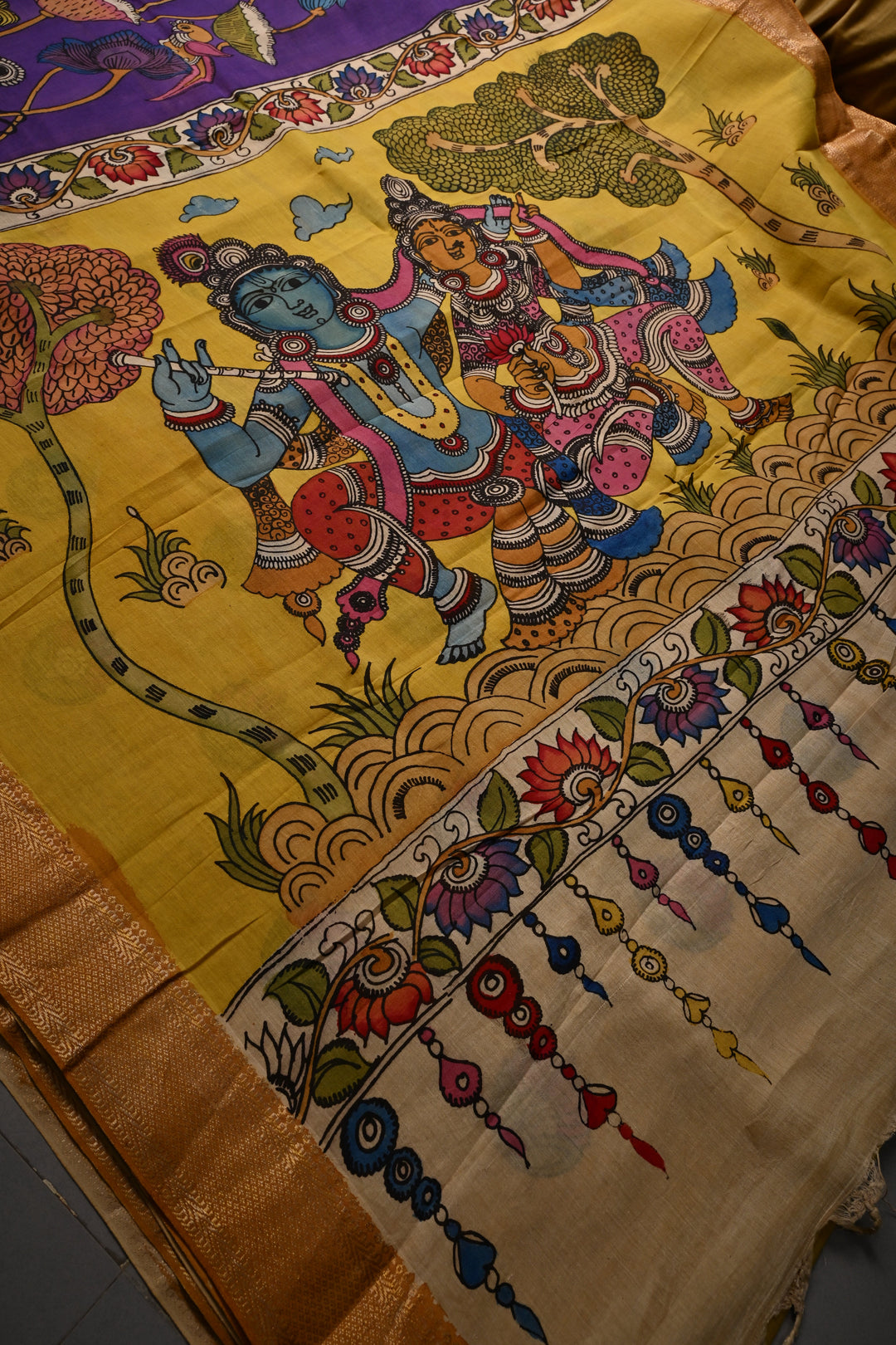 Matsya Kanya and Krishna Rukmini Theme :  Authentic Pen Kalamkari Handpainted on Pure Mangalagiri Silk Cotton Saree with Zari Border | SHOBITAM