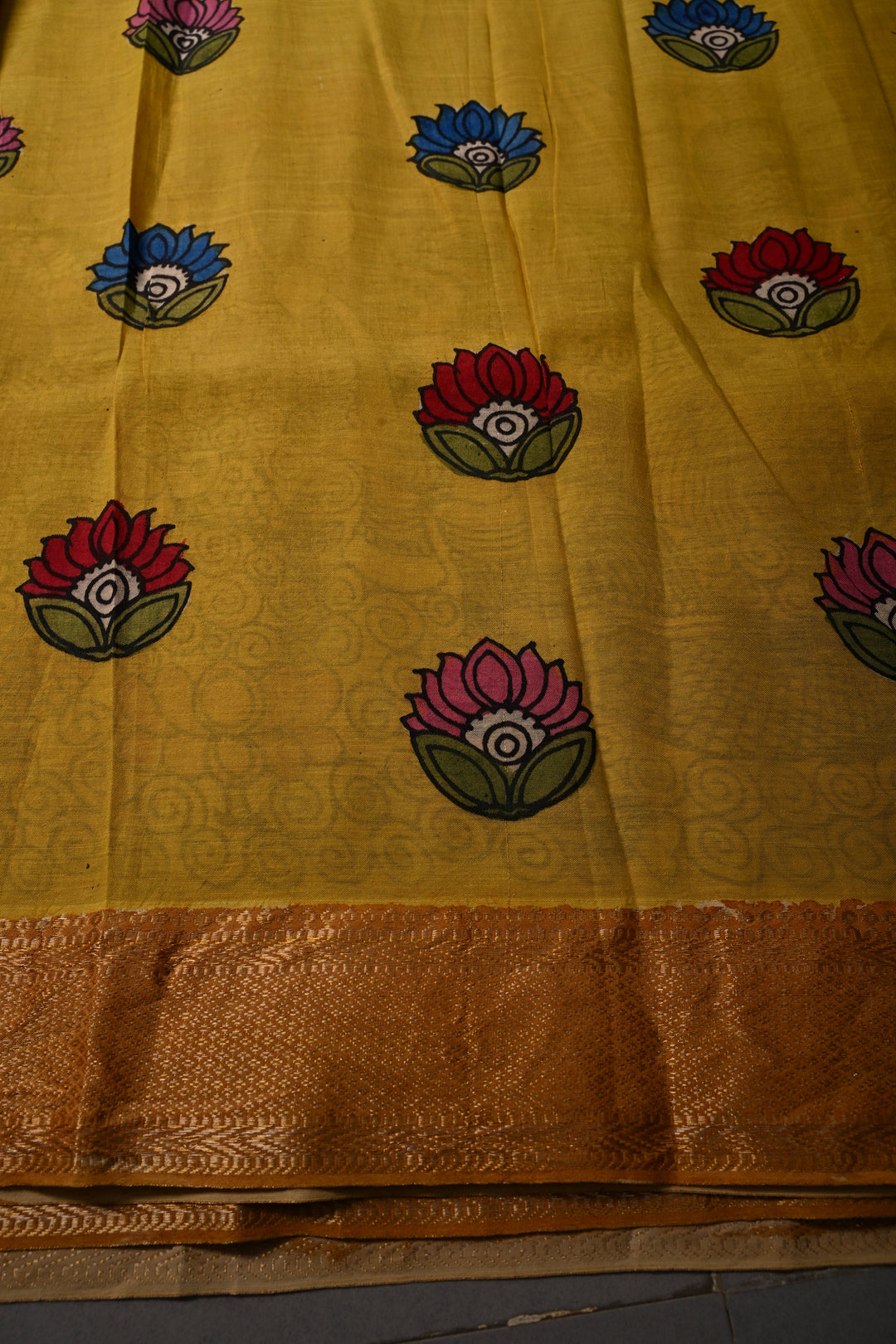 Matsya Kanya and Krishna Rukmini Theme :  Authentic Pen Kalamkari Handpainted on Pure Mangalagiri Silk Cotton Saree with Zari Border | SHOBITAM