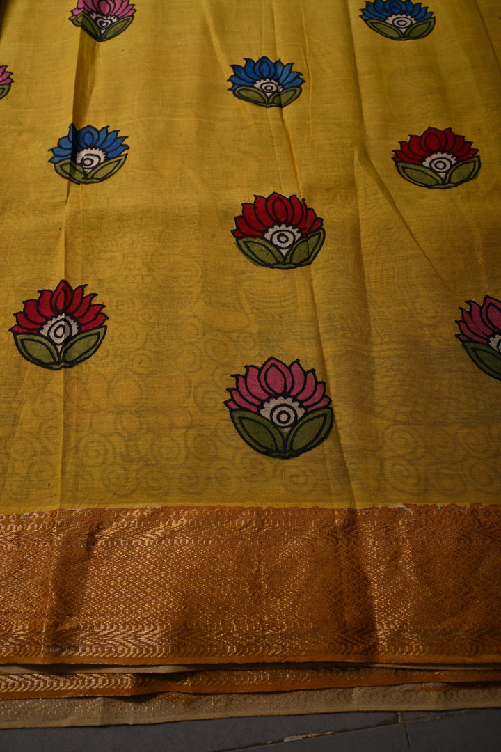 Matsya Kanya and Krishna Rukmini Theme :  Authentic Pen Kalamkari Handpainted on Pure Mangalagiri Silk Cotton Saree with Zari Border | SHOBITAM