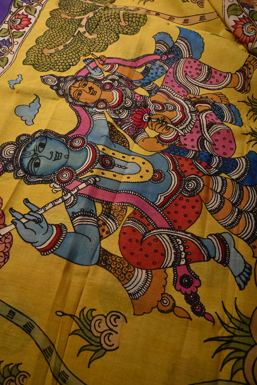 Matsya Kanya and Krishna Rukmini Theme :  Authentic Pen Kalamkari Handpainted on Pure Mangalagiri Silk Cotton Saree with Zari Border | SHOBITAM