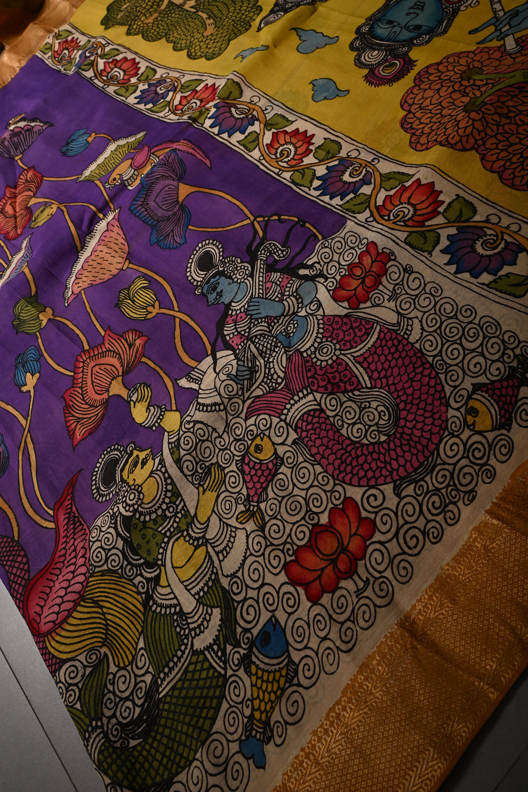 Matsya Kanya and Krishna Rukmini Theme :  Authentic Pen Kalamkari Handpainted on Pure Mangalagiri Silk Cotton Saree with Zari Border | SHOBITAM