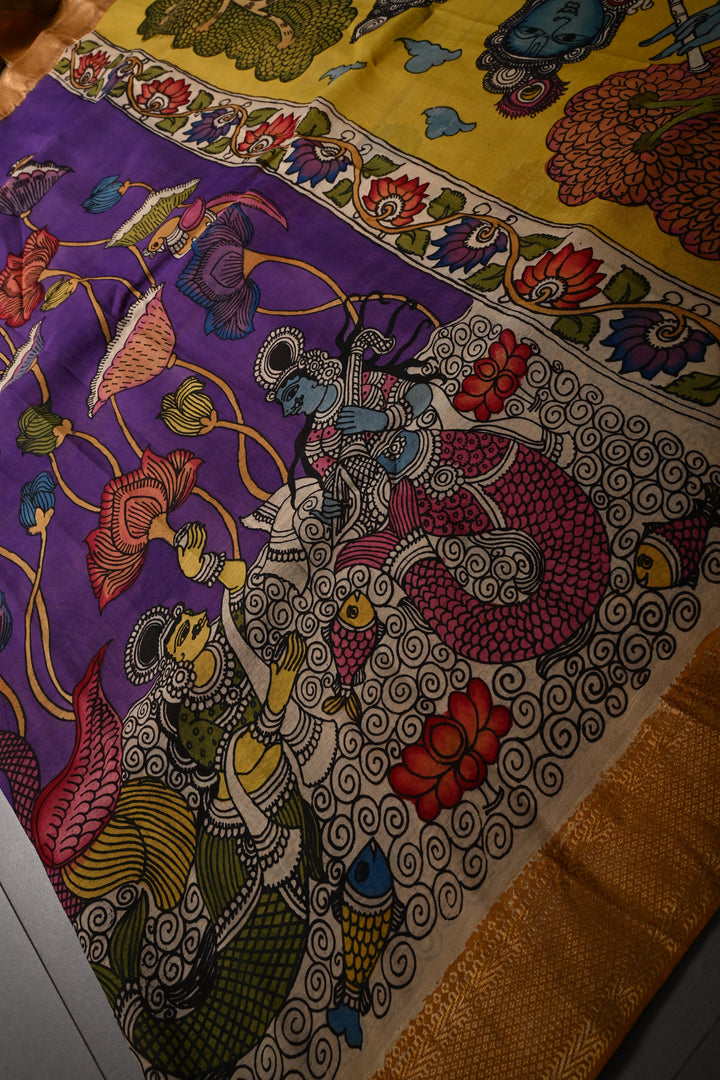 Matsya Kanya and Krishna Rukmini Theme :  Authentic Pen Kalamkari Handpainted on Pure Mangalagiri Silk Cotton Saree with Zari Border | SHOBITAM