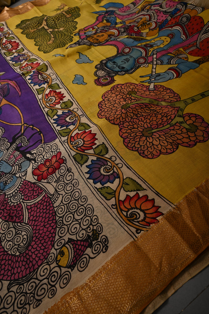 Matsya Kanya and Krishna Rukmini Theme :  Authentic Pen Kalamkari Handpainted on Pure Mangalagiri Silk Cotton Saree with Zari Border | SHOBITAM