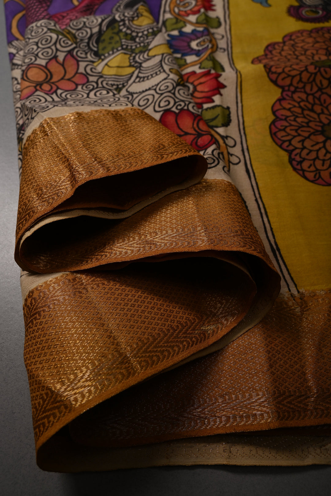 Matsya Kanya and Krishna Rukmini Theme :  Authentic Pen Kalamkari Handpainted on Pure Mangalagiri Silk Cotton Saree with Zari Border | SHOBITAM