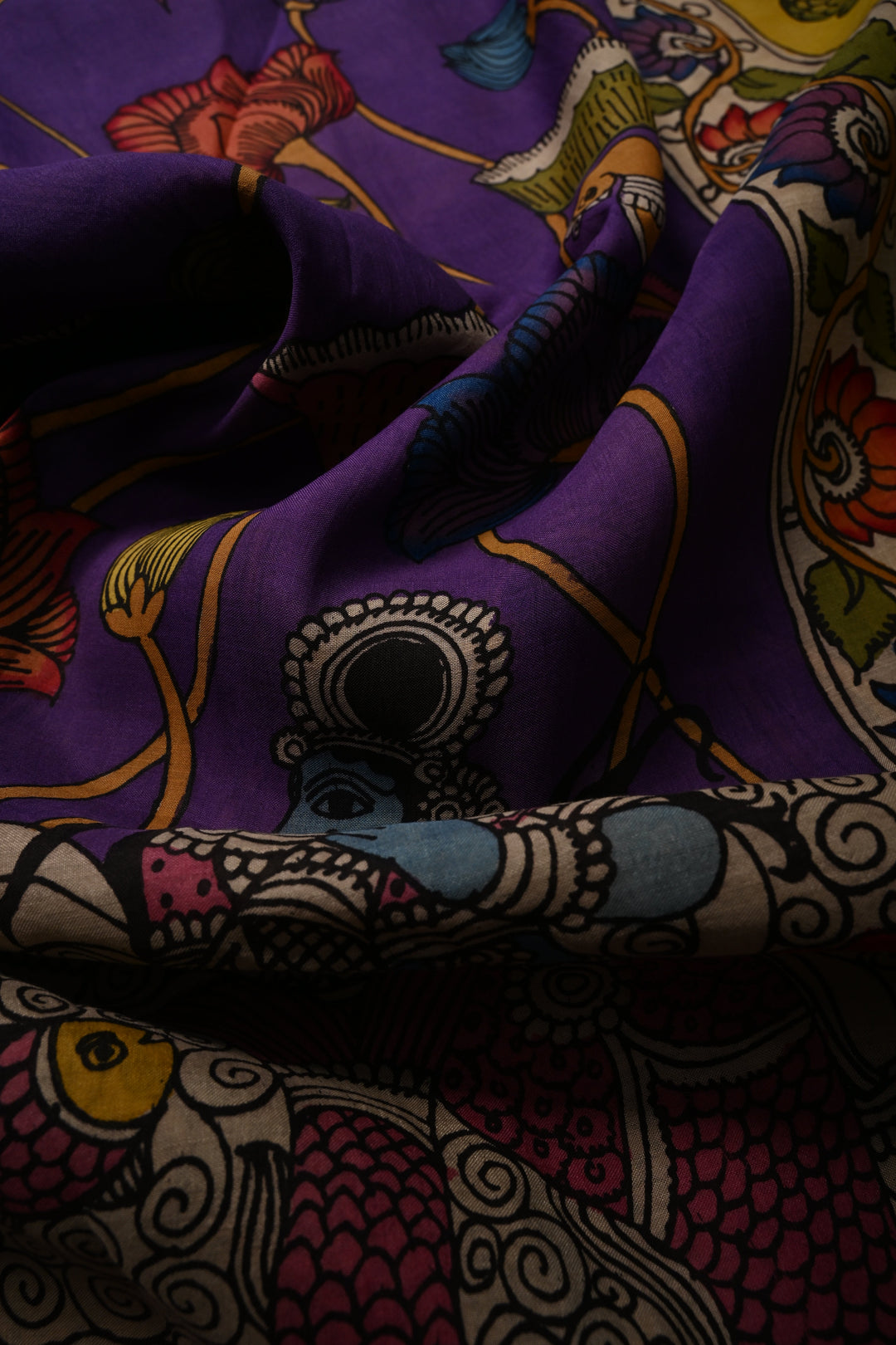 Matsya Kanya and Krishna Rukmini Theme :  Authentic Pen Kalamkari Handpainted on Pure Mangalagiri Silk Cotton Saree with Zari Border | SHOBITAM