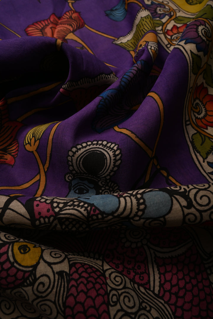 Matsya Kanya and Krishna Rukmini Theme :  Authentic Pen Kalamkari Handpainted on Pure Mangalagiri Silk Cotton Saree with Zari Border | SHOBITAM