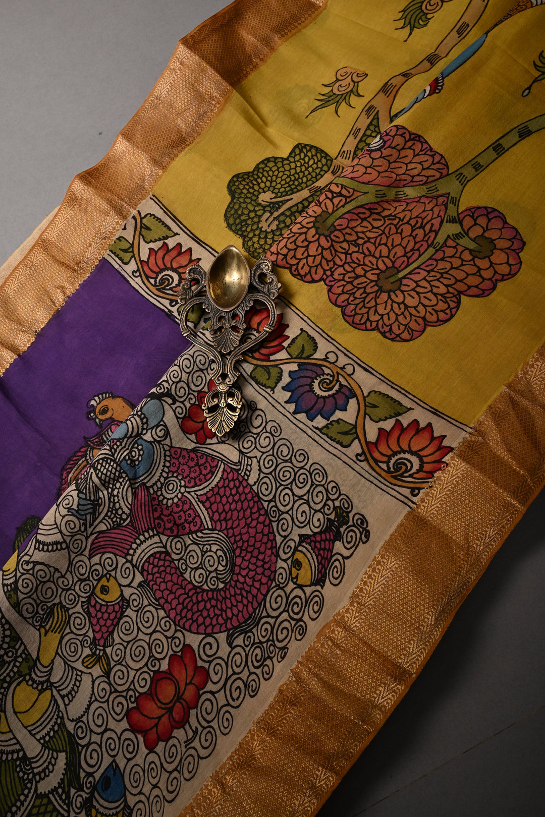 Matsya Kanya and Krishna Rukmini Theme :  Authentic Pen Kalamkari Handpainted on Pure Mangalagiri Silk Cotton Saree with Zari Border | SHOBITAM