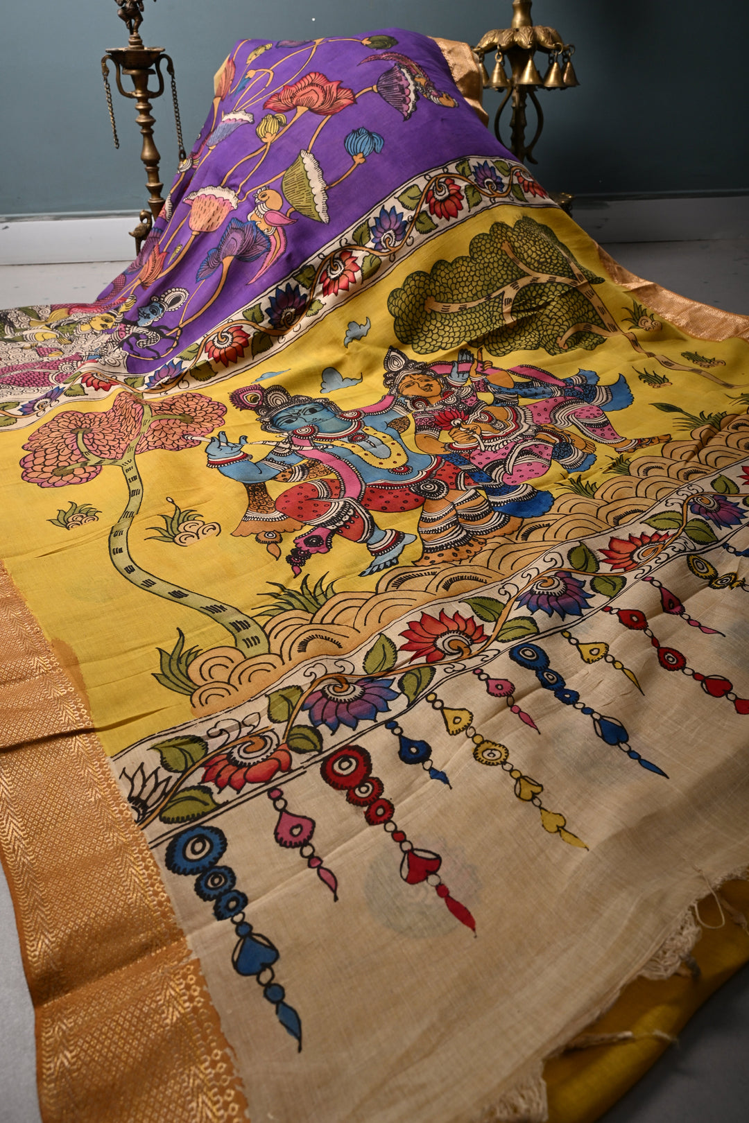 Matsya Kanya and Krishna Rukmini Theme :  Authentic Pen Kalamkari Handpainted on Pure Mangalagiri Silk Cotton Saree with Zari Border | SHOBITAM