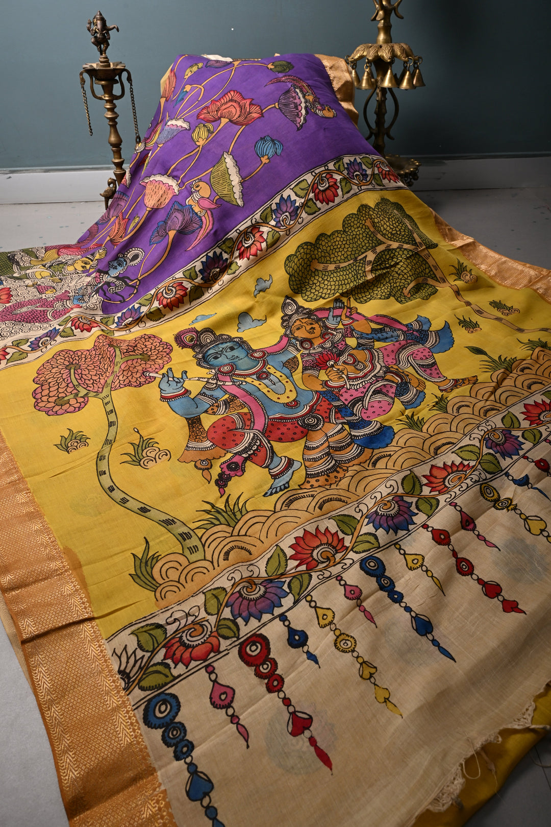 Matsya Kanya and Krishna Rukmini Theme :  Authentic Pen Kalamkari Handpainted on Pure Mangalagiri Silk Cotton Saree with Zari Border | SHOBITAM