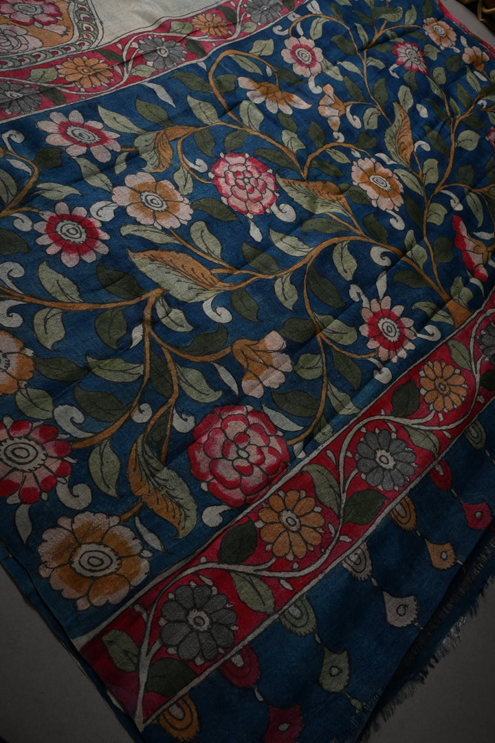 Floral Theme : Authentic Pen Kalamkari Handpainted on Pure Tussar Silk Saree with Contrast Borders | SILK MARK CERTIFIED | SHOBITAM