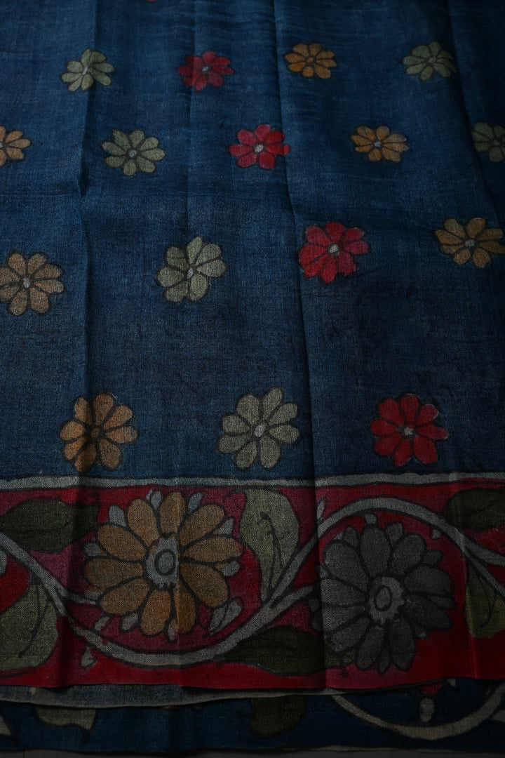 Floral Theme : Authentic Pen Kalamkari Handpainted on Pure Tussar Silk Saree with Contrast Borders | SILK MARK CERTIFIED | SHOBITAM