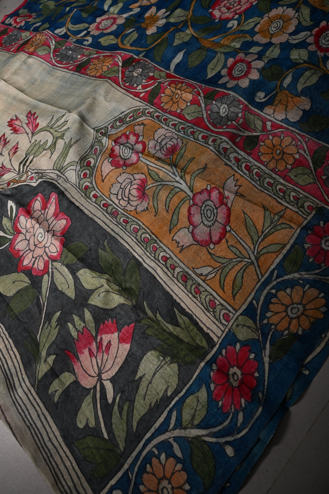 Floral Theme : Authentic Pen Kalamkari Handpainted on Pure Tussar Silk Saree with Contrast Borders | SILK MARK CERTIFIED | SHOBITAM