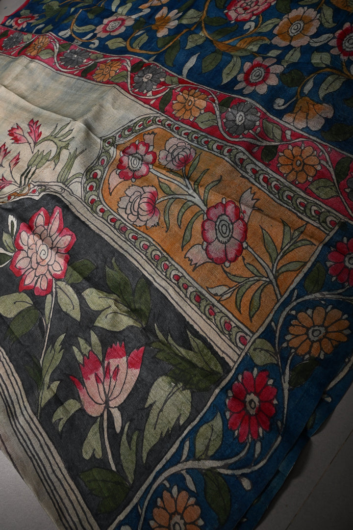 Floral Theme : Authentic Pen Kalamkari Handpainted on Pure Tussar Silk Saree with Contrast Borders | SILK MARK CERTIFIED | SHOBITAM