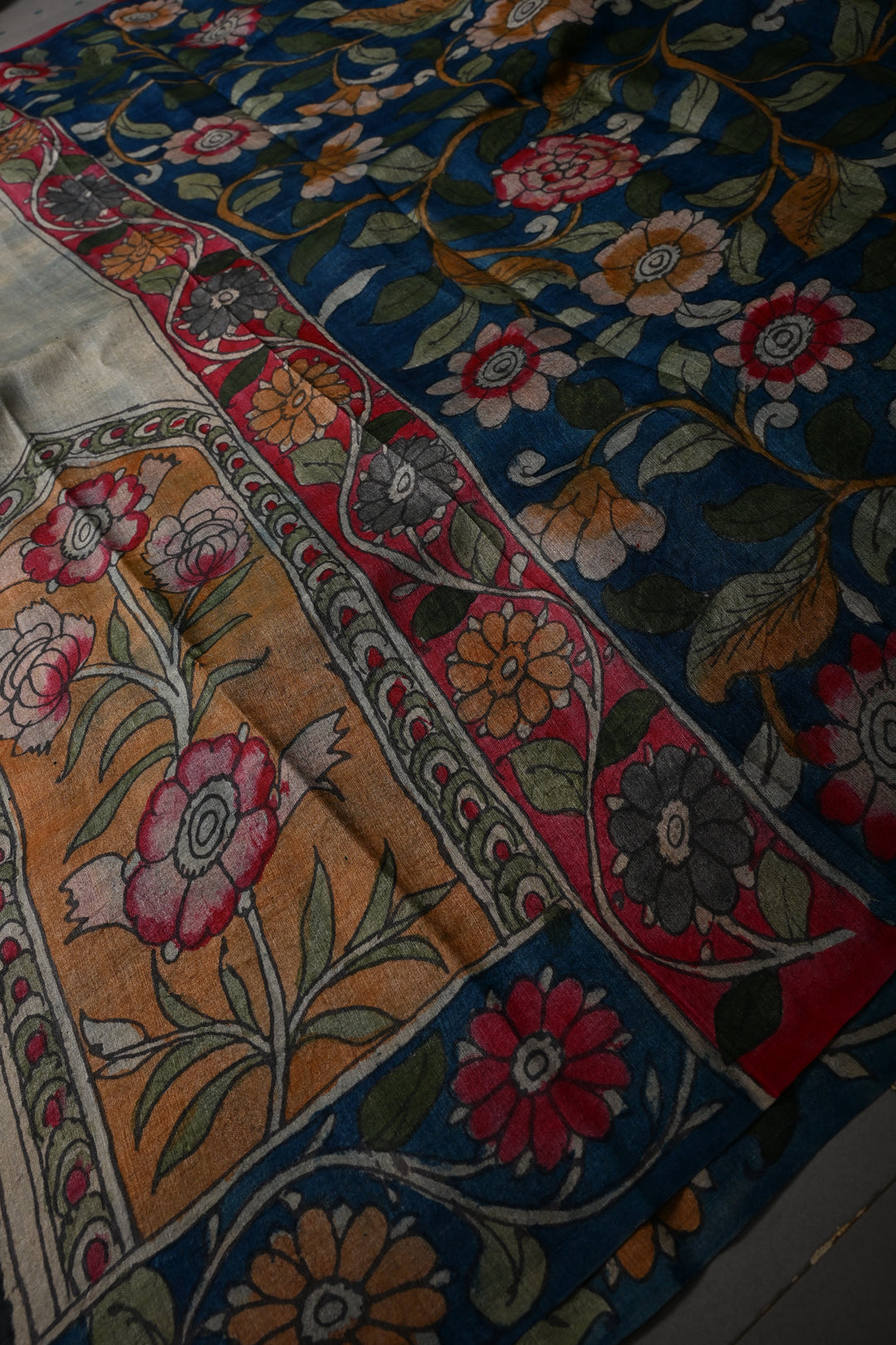Floral Theme : Authentic Pen Kalamkari Handpainted on Pure Tussar Silk Saree with Contrast Borders | SILK MARK CERTIFIED | SHOBITAM
