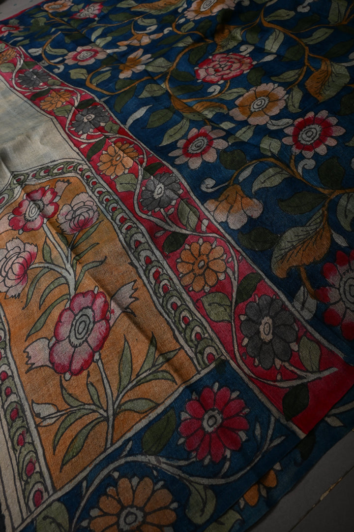 Floral Theme : Authentic Pen Kalamkari Handpainted on Pure Tussar Silk Saree with Contrast Borders | SILK MARK CERTIFIED | SHOBITAM
