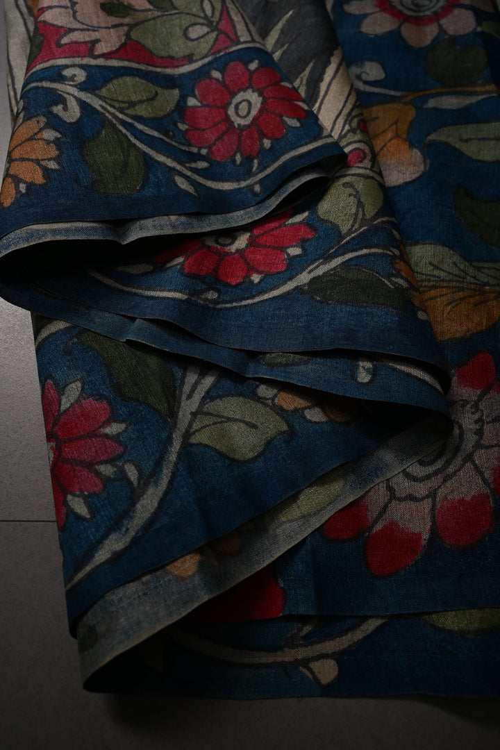 Floral Theme : Authentic Pen Kalamkari Handpainted on Pure Tussar Silk Saree with Contrast Borders | SILK MARK CERTIFIED | SHOBITAM