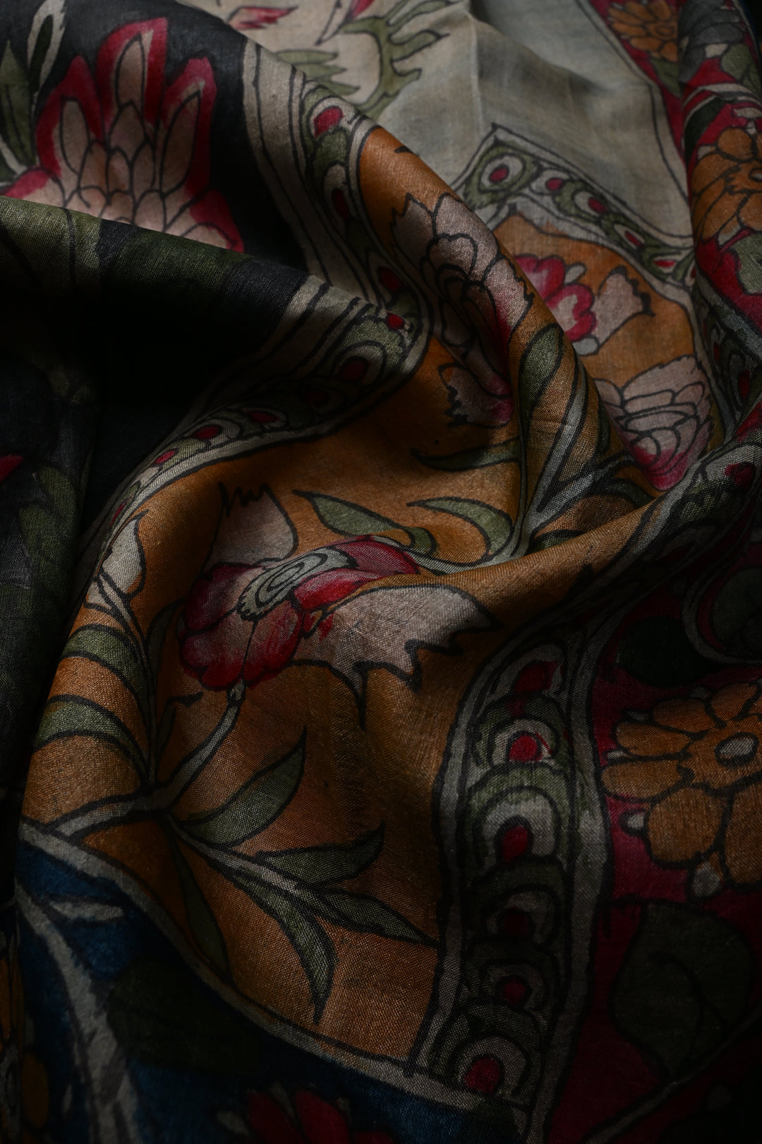 Floral Theme : Authentic Pen Kalamkari Handpainted on Pure Tussar Silk Saree with Contrast Borders | SILK MARK CERTIFIED | SHOBITAM