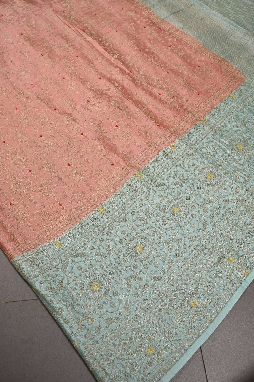 Peach Mysore Silk Saree with Meenakari Persian Brocade Jaal and Contrast Zari Border | SILK MARK CERTIFIED | SHOBITAM