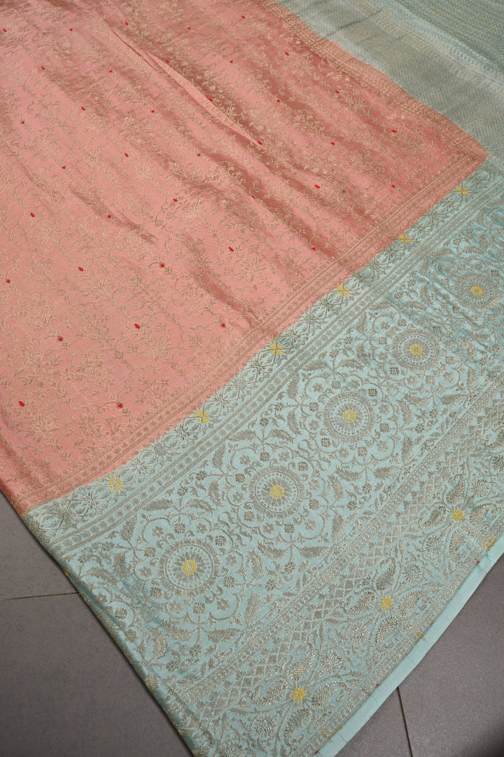 Peach Mysore Silk Saree with Meenakari Persian Brocade Jaal and Contrast Zari Border | SILK MARK CERTIFIED | SHOBITAM