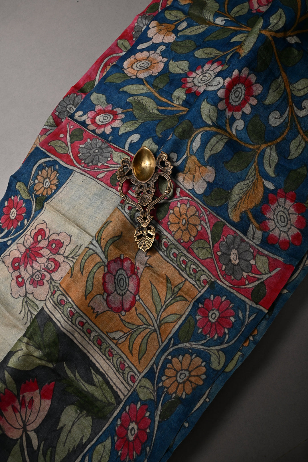 Floral Theme : Authentic Pen Kalamkari Handpainted on Pure Tussar Silk Saree with Contrast Borders | SILK MARK CERTIFIED | SHOBITAM