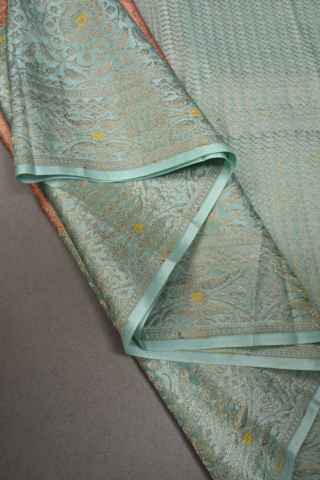 Peach Mysore Silk Saree with Meenakari Persian Brocade Jaal and Contrast Zari Border | SILK MARK CERTIFIED | SHOBITAM