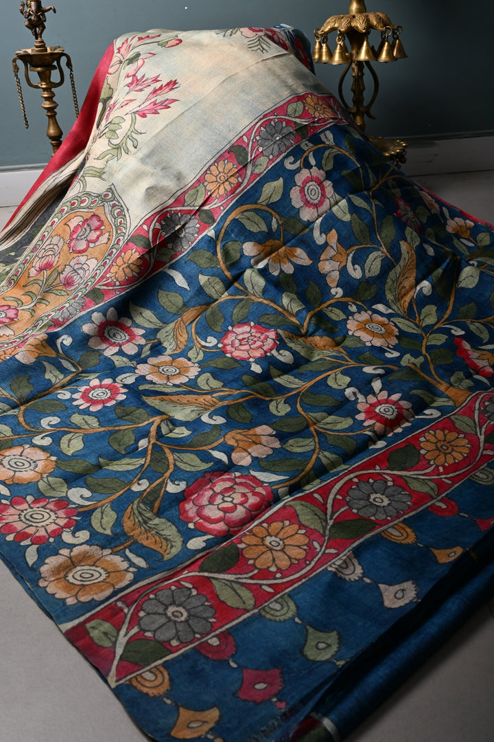 Floral Theme : Authentic Pen Kalamkari Handpainted on Pure Tussar Silk Saree with Contrast Borders | SILK MARK CERTIFIED | SHOBITAM