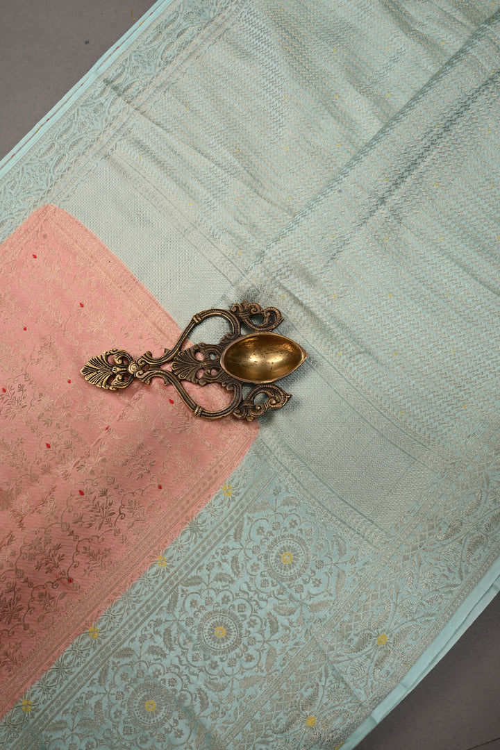 Peach Mysore Silk Saree with Meenakari Persian Brocade Jaal and Contrast Zari Border | SILK MARK CERTIFIED | SHOBITAM