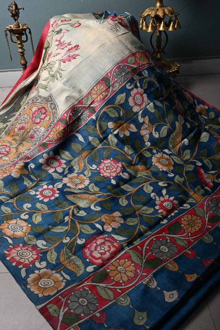 Floral Theme : Authentic Pen Kalamkari Handpainted on Pure Tussar Silk Saree with Contrast Borders | SILK MARK CERTIFIED | SHOBITAM