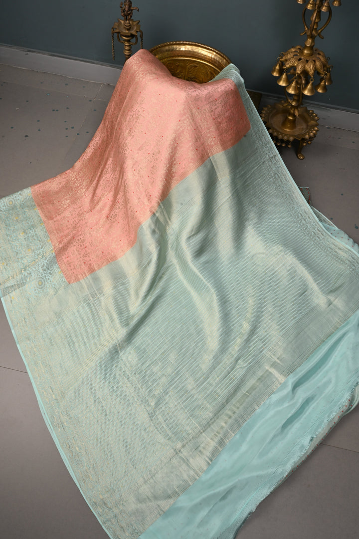 Peach Mysore Silk Saree with Meenakari Persian Brocade Jaal and Contrast Zari Border | SILK MARK CERTIFIED | SHOBITAM
