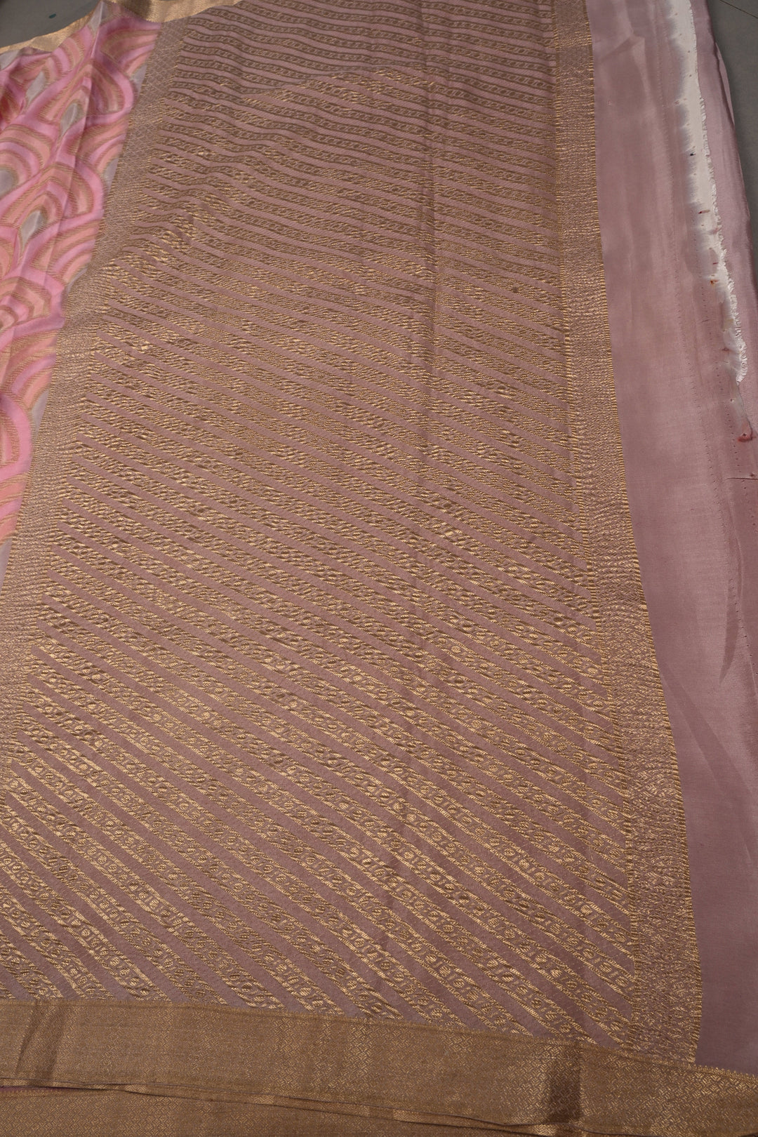 Stylish Brush Dye-Crinkles Zari Deco Scallop Design on Shades of Pink Mysore Silk Saree with   | SILK MARK CERTIFIED | SHOBITAM