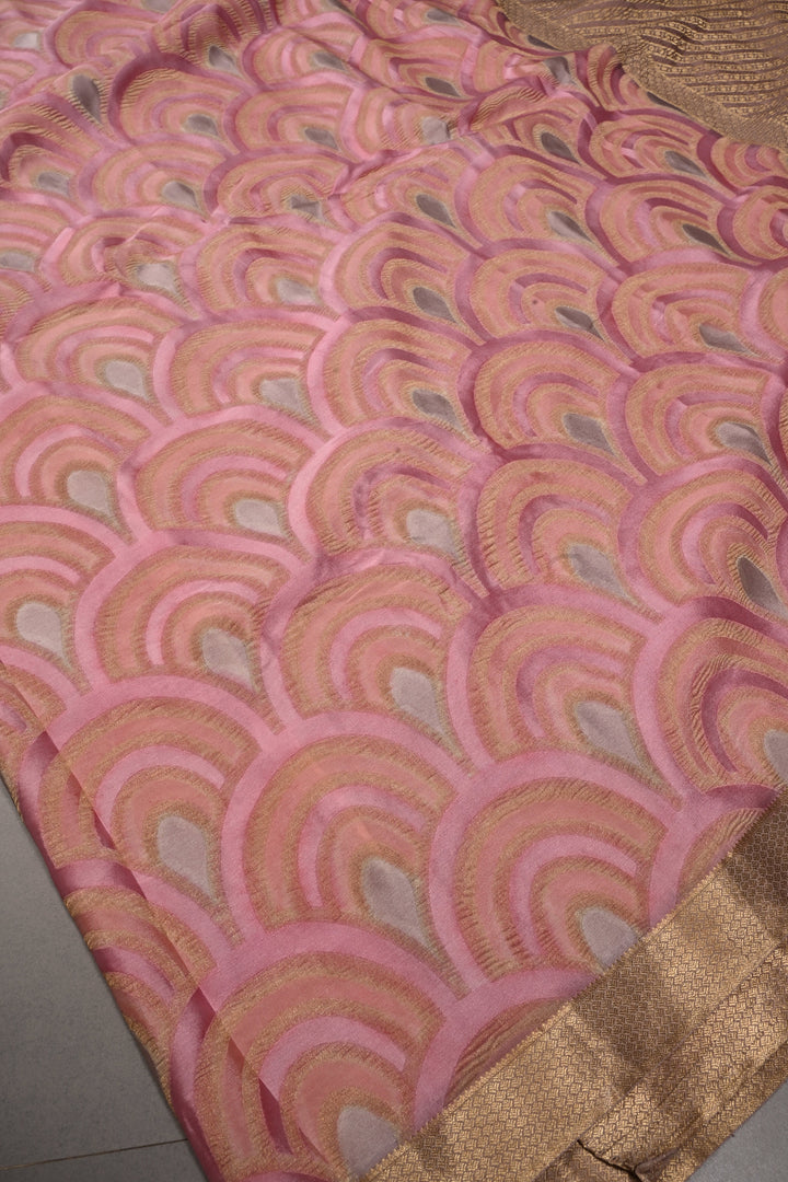 Stylish Brush Dye-Crinkles Zari Deco Scallop Design on Shades of Pink Mysore Silk Saree with   | SILK MARK CERTIFIED | SHOBITAM