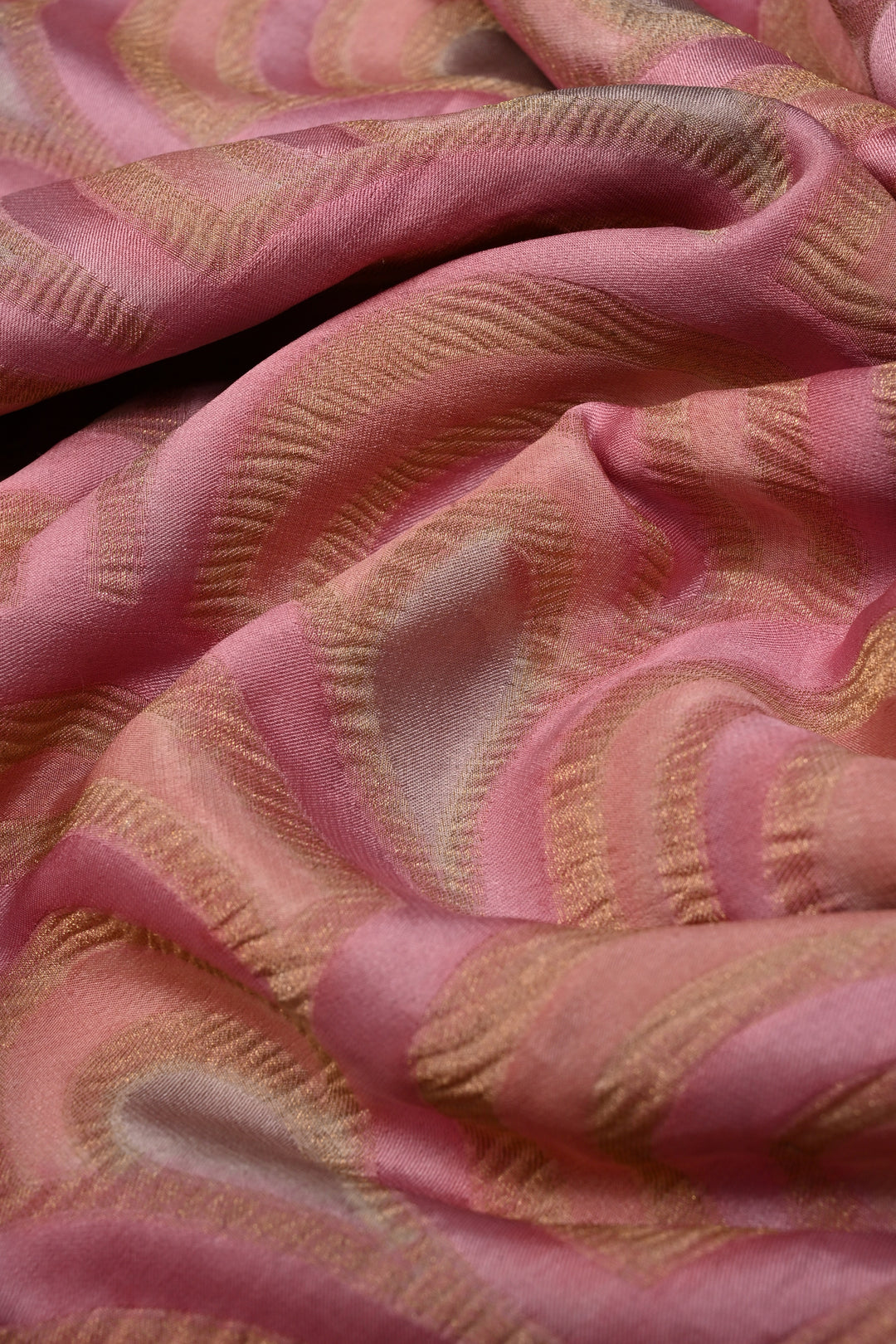 Stylish Brush Dye-Crinkles Zari Deco Scallop Design on Shades of Pink Mysore Silk Saree with   | SILK MARK CERTIFIED | SHOBITAM