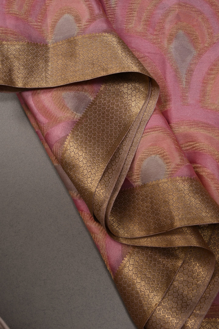 Stylish Brush Dye-Crinkles Zari Deco Scallop Design on Shades of Pink Mysore Silk Saree with   | SILK MARK CERTIFIED | SHOBITAM