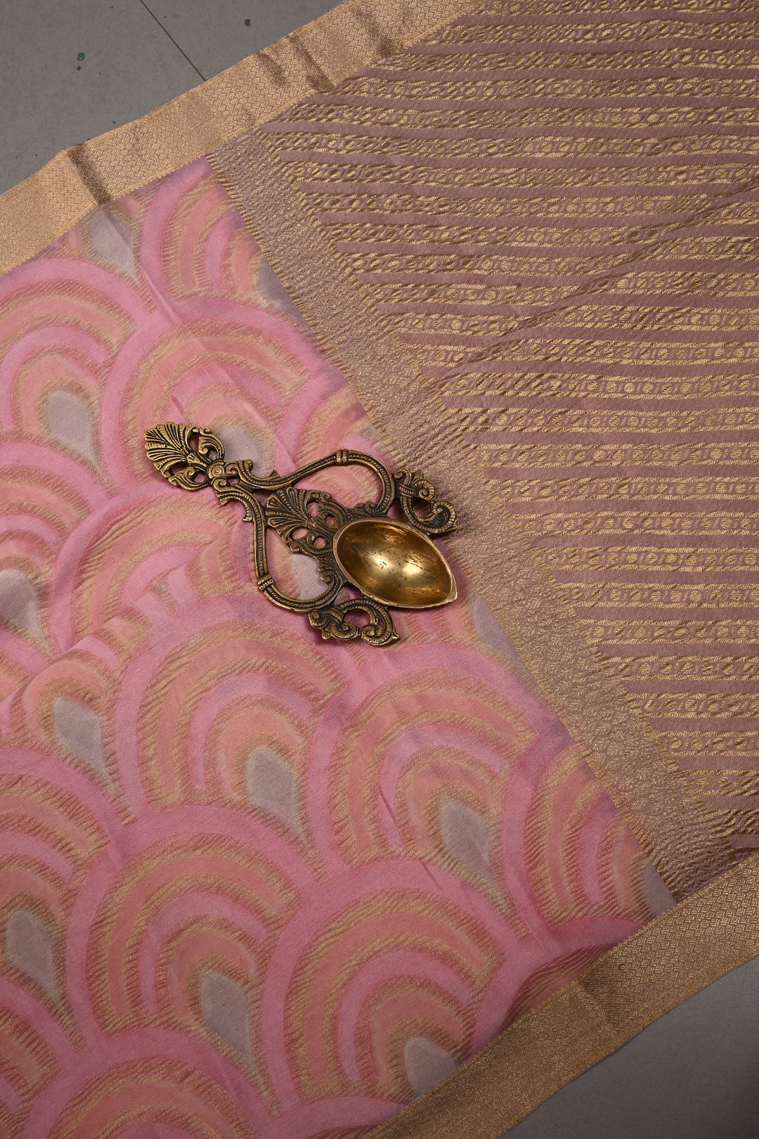 Stylish Brush Dye-Crinkles Zari Deco Scallop Design on Shades of Pink Mysore Silk Saree with   | SILK MARK CERTIFIED | SHOBITAM