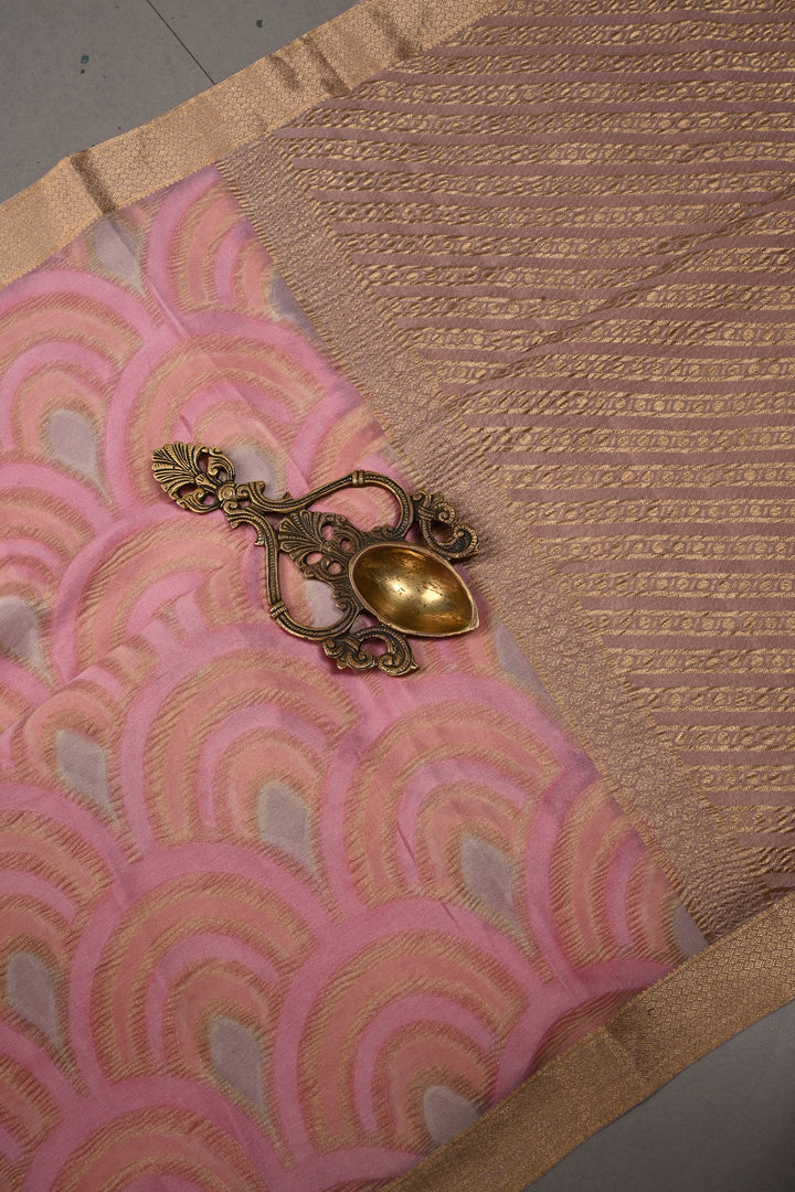 Stylish Brush Dye-Crinkles Zari Deco Scallop Design on Shades of Pink Mysore Silk Saree with   | SILK MARK CERTIFIED | SHOBITAM