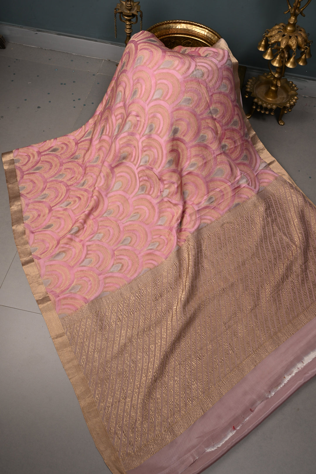 Stylish Brush Dye-Crinkles Zari Deco Scallop Design on Shades of Pink Mysore Silk Saree with   | SILK MARK CERTIFIED | SHOBITAM