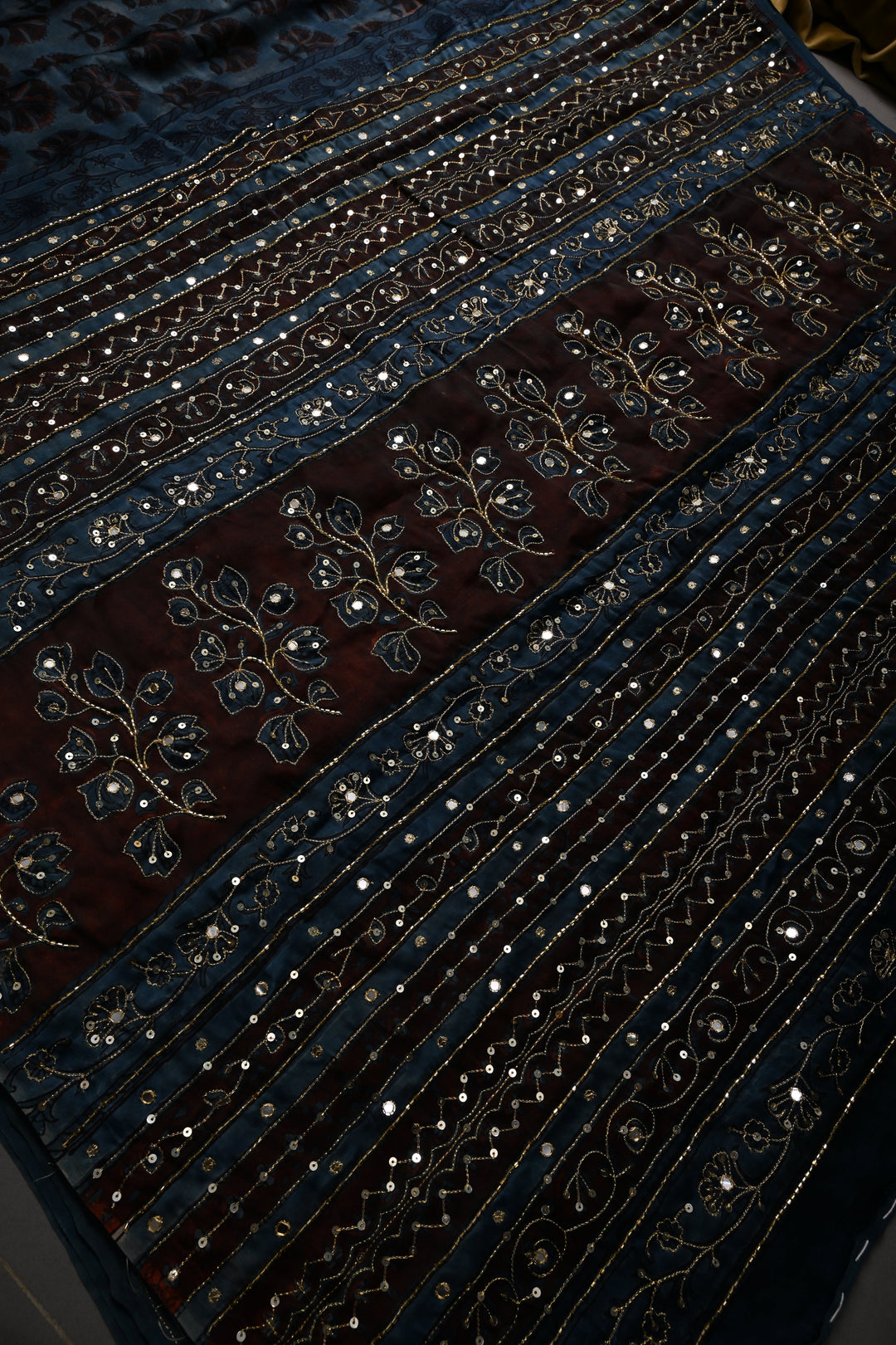 Blue Modal Silk Saree with Floral Hand Block Print and Sequins, Cutdana and Mirror Hand Embroidery | SHOBITAM