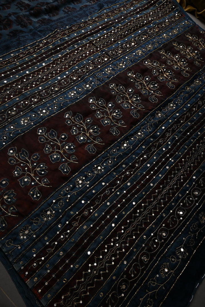 Blue Modal Silk Saree with Floral Hand Block Print and Sequins, Cutdana and Mirror Hand Embroidery | SHOBITAM