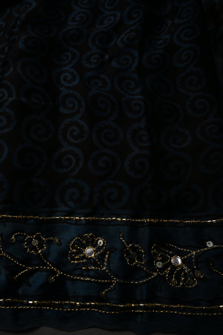 Blue Modal Silk Saree with Floral Hand Block Print and Sequins, Cutdana and Mirror Hand Embroidery | SHOBITAM