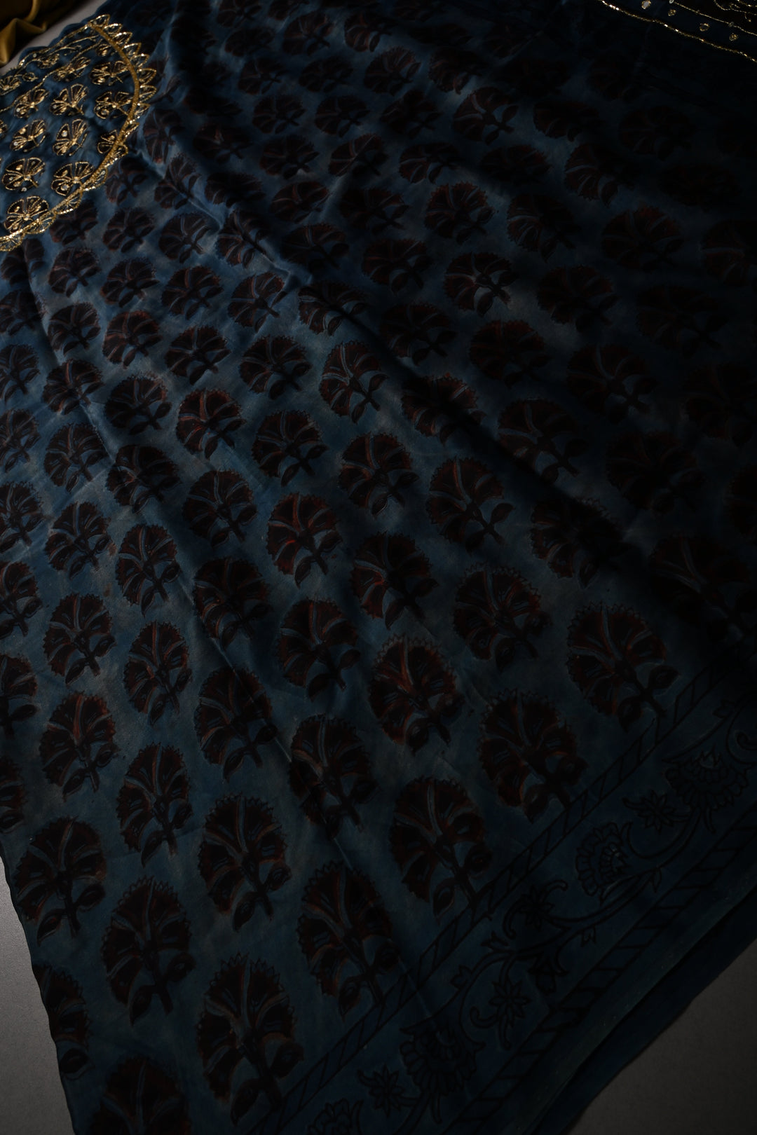 Blue Modal Silk Saree with Floral Hand Block Print and Sequins, Cutdana and Mirror Hand Embroidery | SHOBITAM