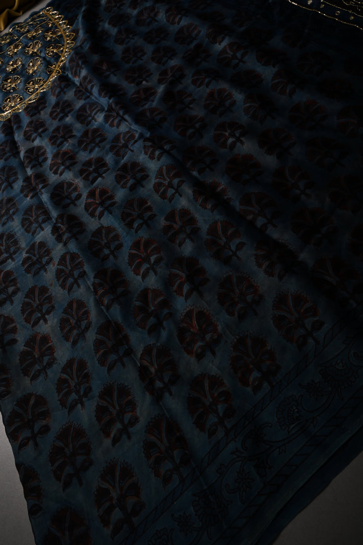 Blue Modal Silk Saree with Floral Hand Block Print and Sequins, Cutdana and Mirror Hand Embroidery | SHOBITAM