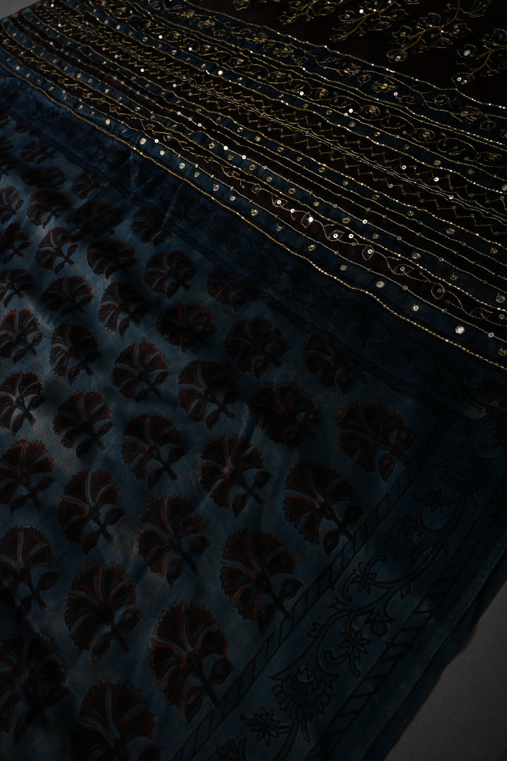 Blue Modal Silk Saree with Floral Hand Block Print and Sequins, Cutdana and Mirror Hand Embroidery | SHOBITAM