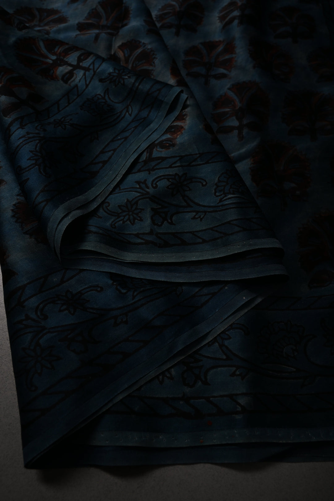 Blue Modal Silk Saree with Floral Hand Block Print and Sequins, Cutdana and Mirror Hand Embroidery | SHOBITAM