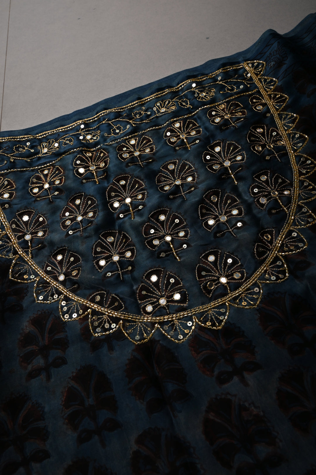 Blue Modal Silk Saree with Floral Hand Block Print and Sequins, Cutdana and Mirror Hand Embroidery | SHOBITAM