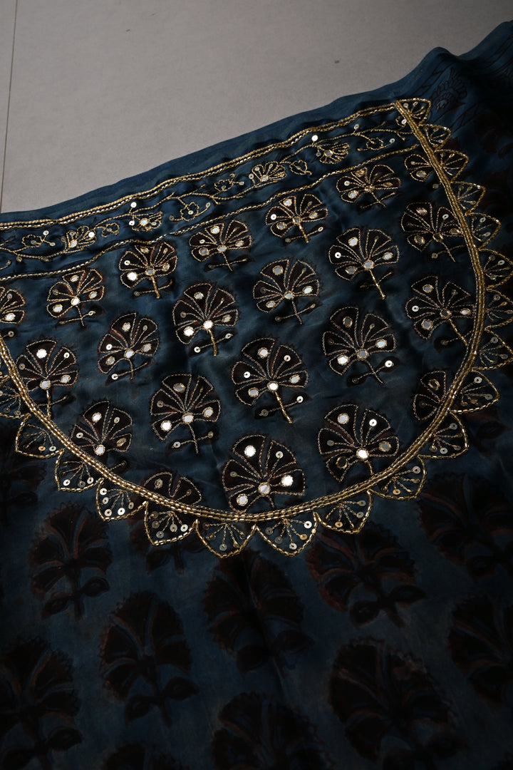 Blue Modal Silk Saree with Floral Hand Block Print and Sequins, Cutdana and Mirror Hand Embroidery | SHOBITAM