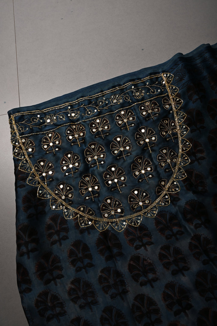 Blue Modal Silk Saree with Floral Hand Block Print and Sequins, Cutdana and Mirror Hand Embroidery | SHOBITAM